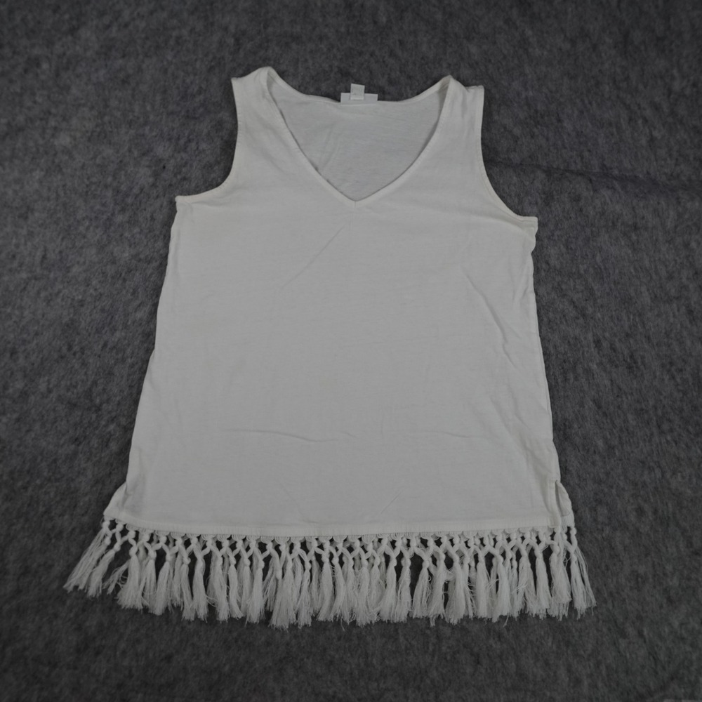 J Jill Top Women Small Petite White V Neck Sleeveless Cotton Linen Fringe Tassel